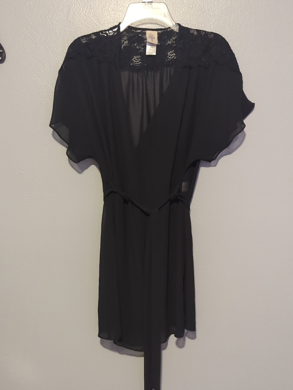 In Bloom Brand Sheer Black Robe with Lace Detail Flutter Sleeves and Sash Size M